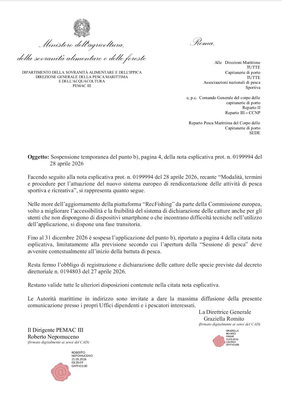 lettera proroga app rec fishing